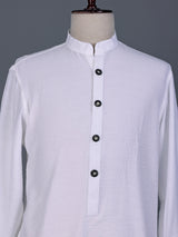 White solid textured shirt style cotton blend kurta for mens