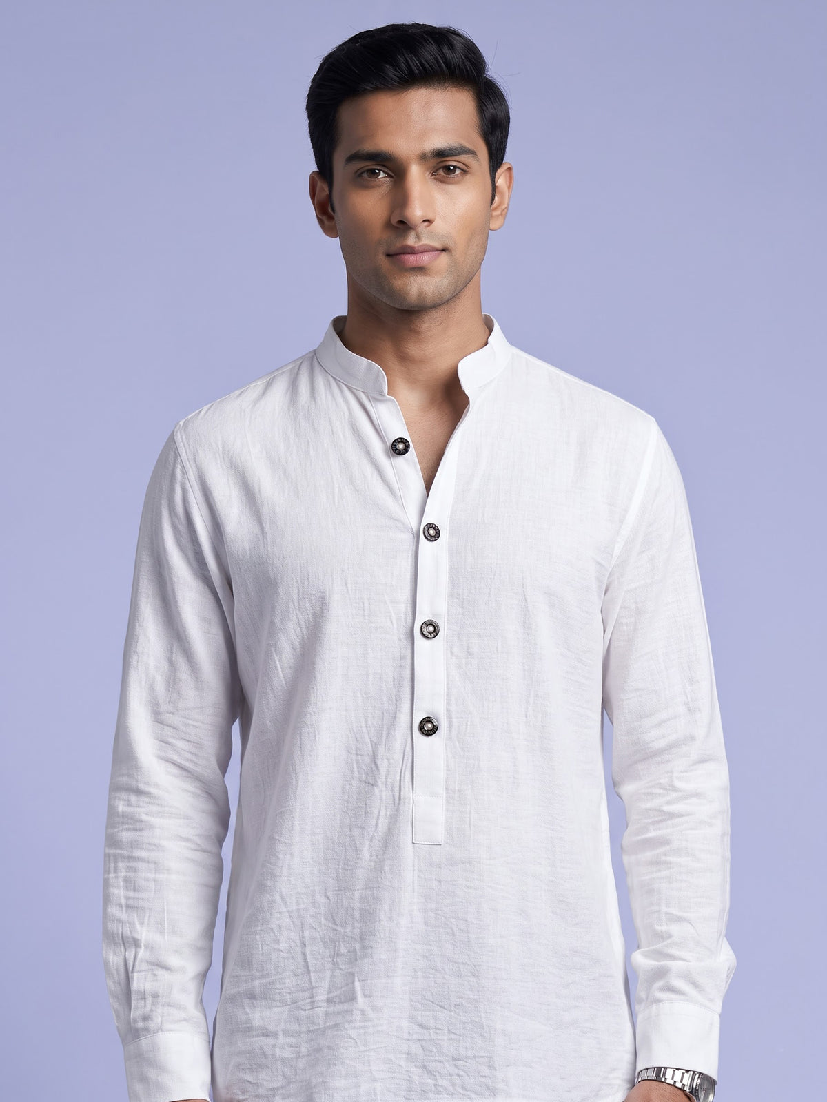 White solid textured shirt style cotton blend kurta for mens