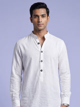 White solid textured shirt style cotton blend kurta for mens