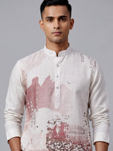 Off white abstract collage printed linen blend kurta for mens