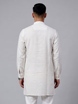 Off white abstract collage printed linen blend kurta for mens