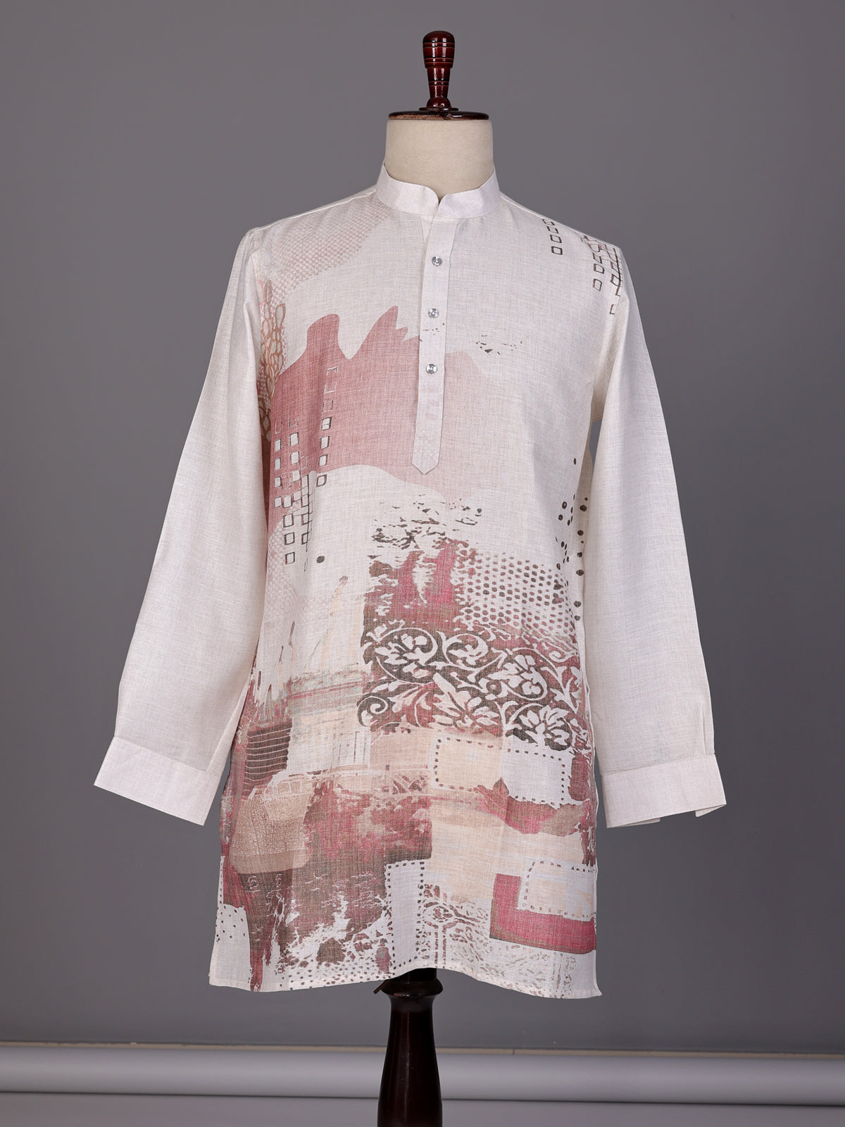 Off white abstract collage printed linen blend kurta for mens