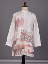 Off white abstract collage printed linen blend kurta for mens