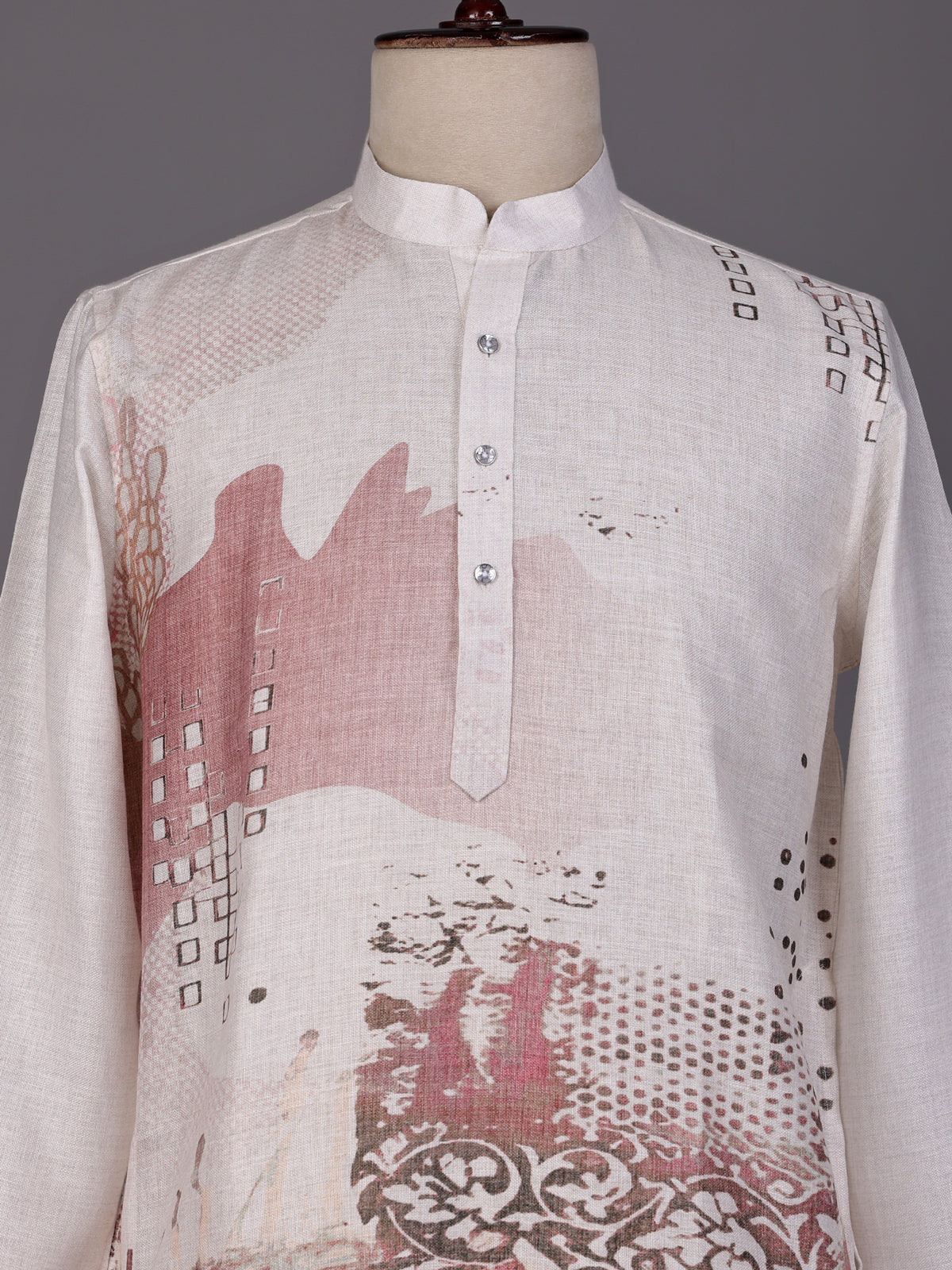 Off white abstract collage printed linen blend kurta for mens