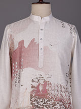 Off white abstract collage printed linen blend kurta for mens