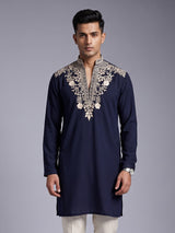 Navy ivory embroidered premium cotton blend kurta for mens