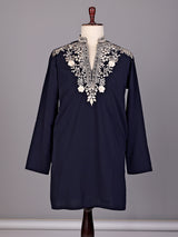 Navy ivory embroidered premium cotton blend kurta for mens