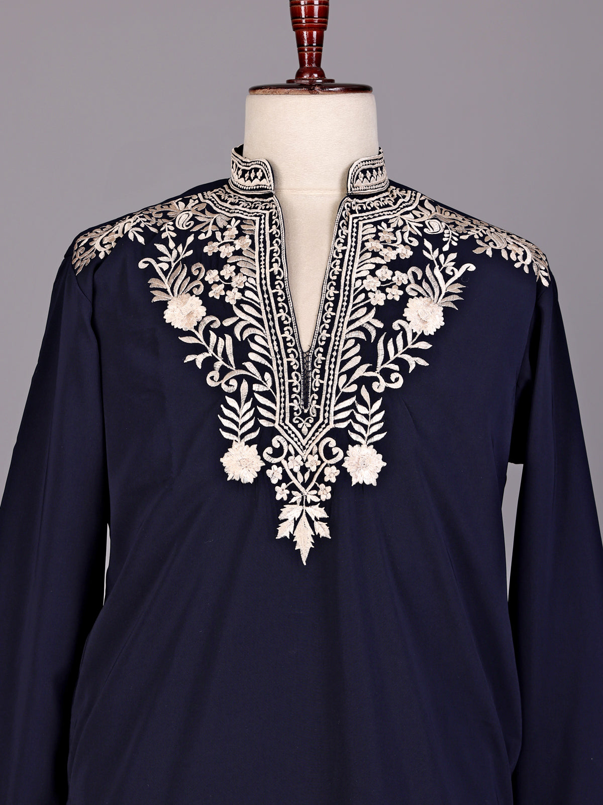 Navy ivory embroidered premium cotton blend kurta for mens