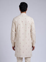 Cream rust red embroidered sequined cotton linen kurta for mens