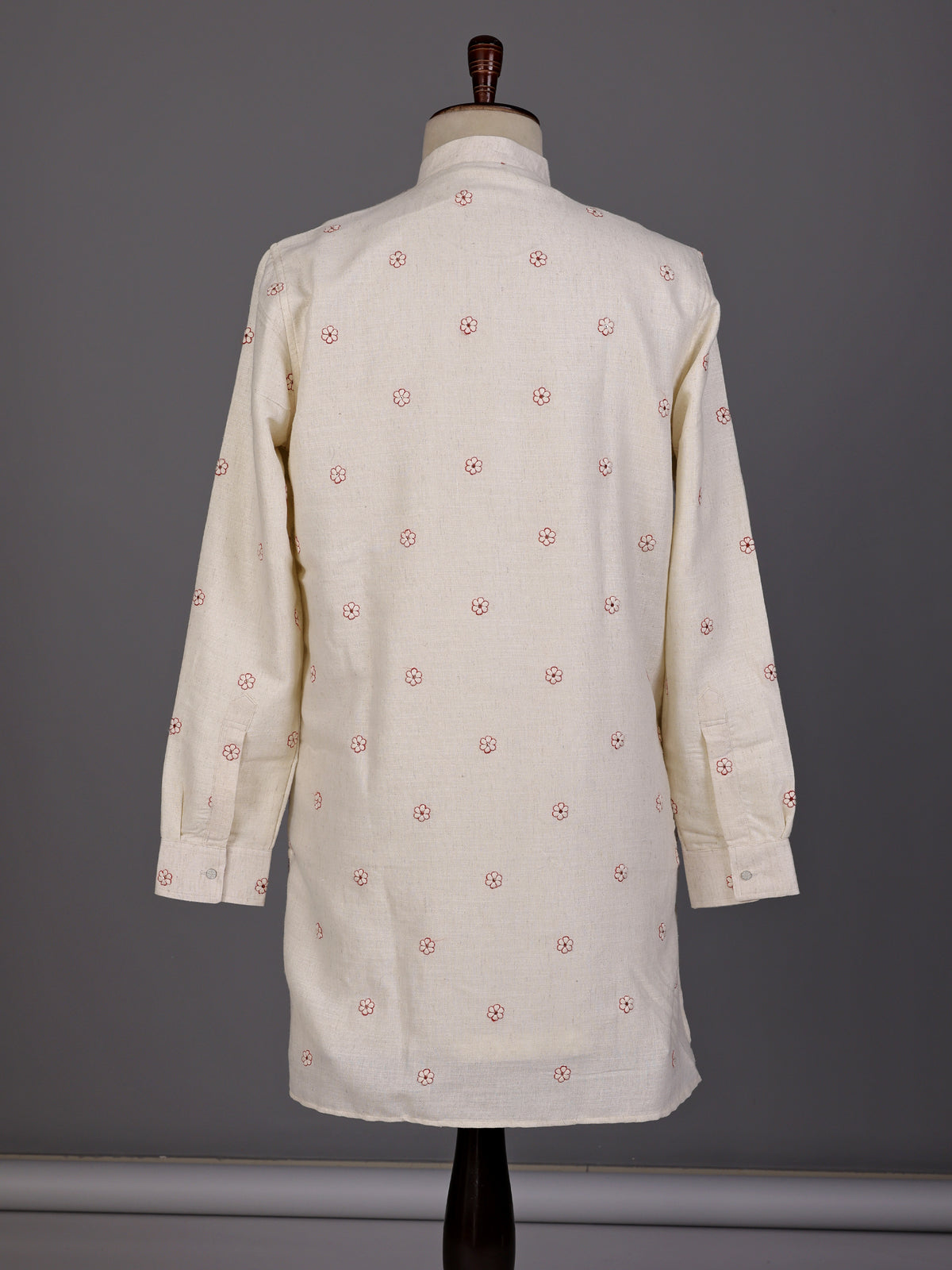 Cream rust red embroidered sequined cotton linen kurta for mens