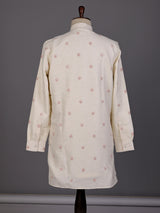 Cream rust red embroidered sequined cotton linen kurta for mens