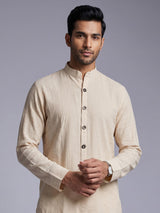 Beige solid textured shirt style cotton blend kurta for mens