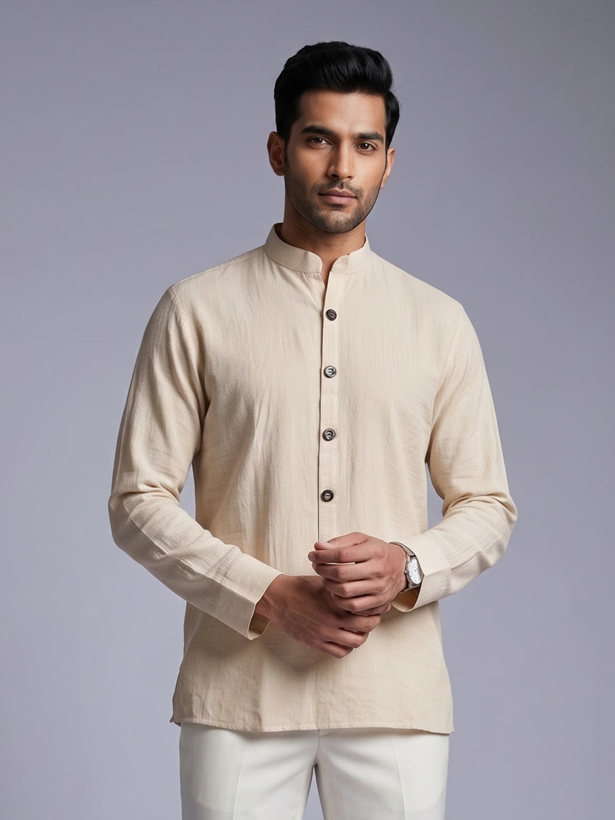 Beige solid textured shirt style cotton blend kurta for mens
