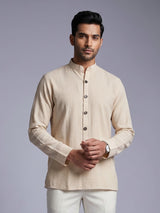 Beige solid textured shirt style cotton blend kurta for mens