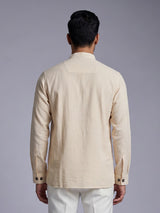Beige solid textured shirt style cotton blend kurta for mens