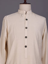 Beige solid textured shirt style cotton blend kurta for mens