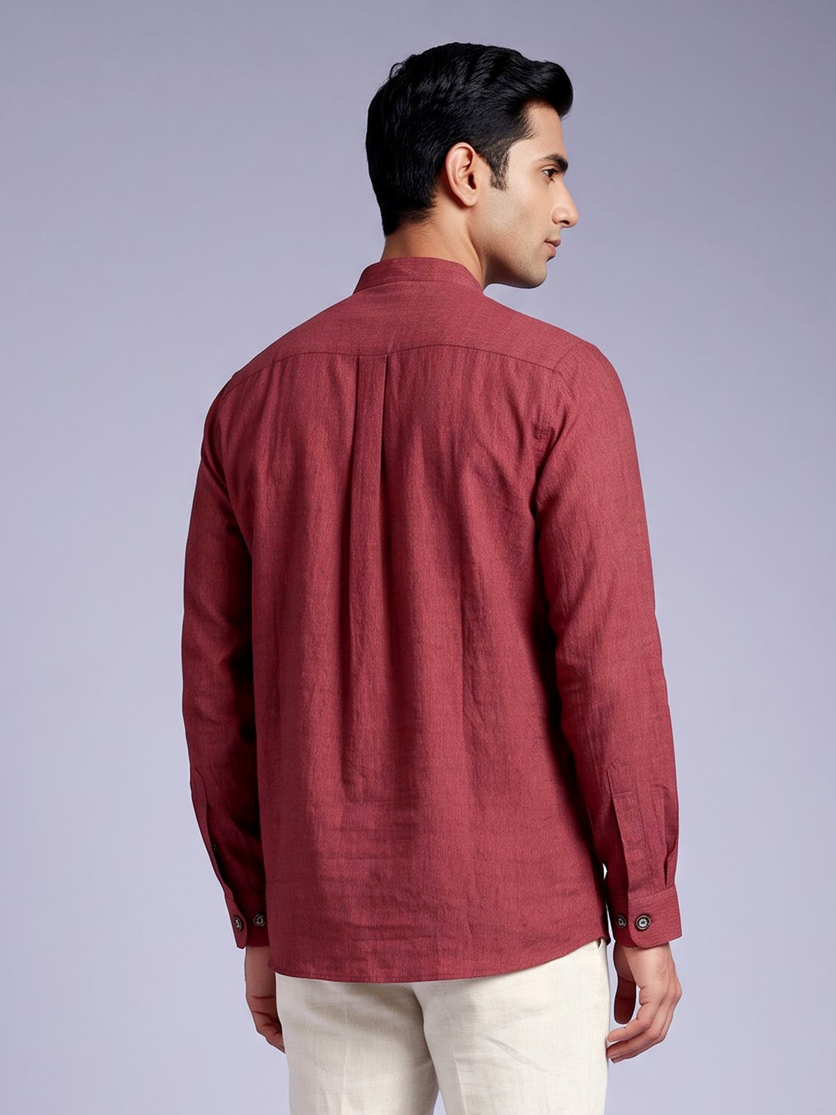 Maroon solid textured shirt style cotton blend kurta for mens