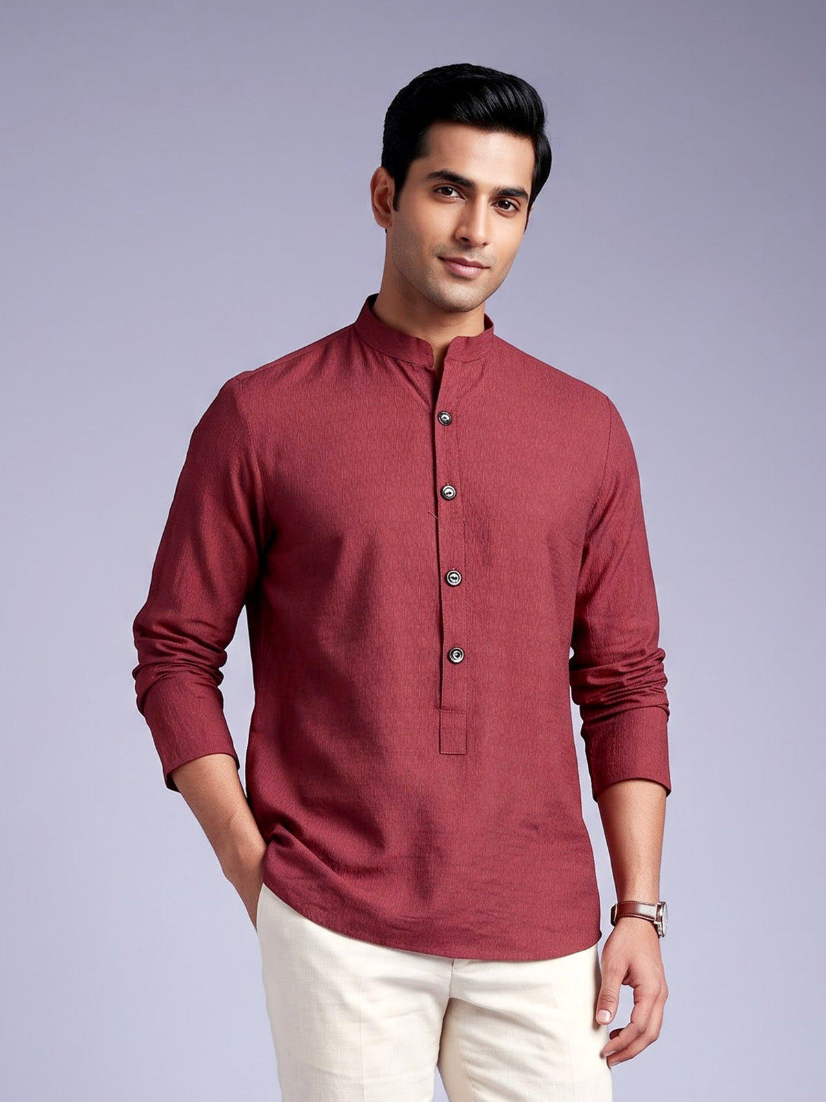 Maroon solid textured shirt style cotton blend kurta for mens
