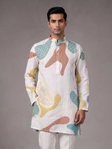 White printed cotton linen kurta with Chinese collar for mens