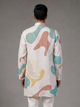 White printed cotton linen kurta with Chinese collar for mens