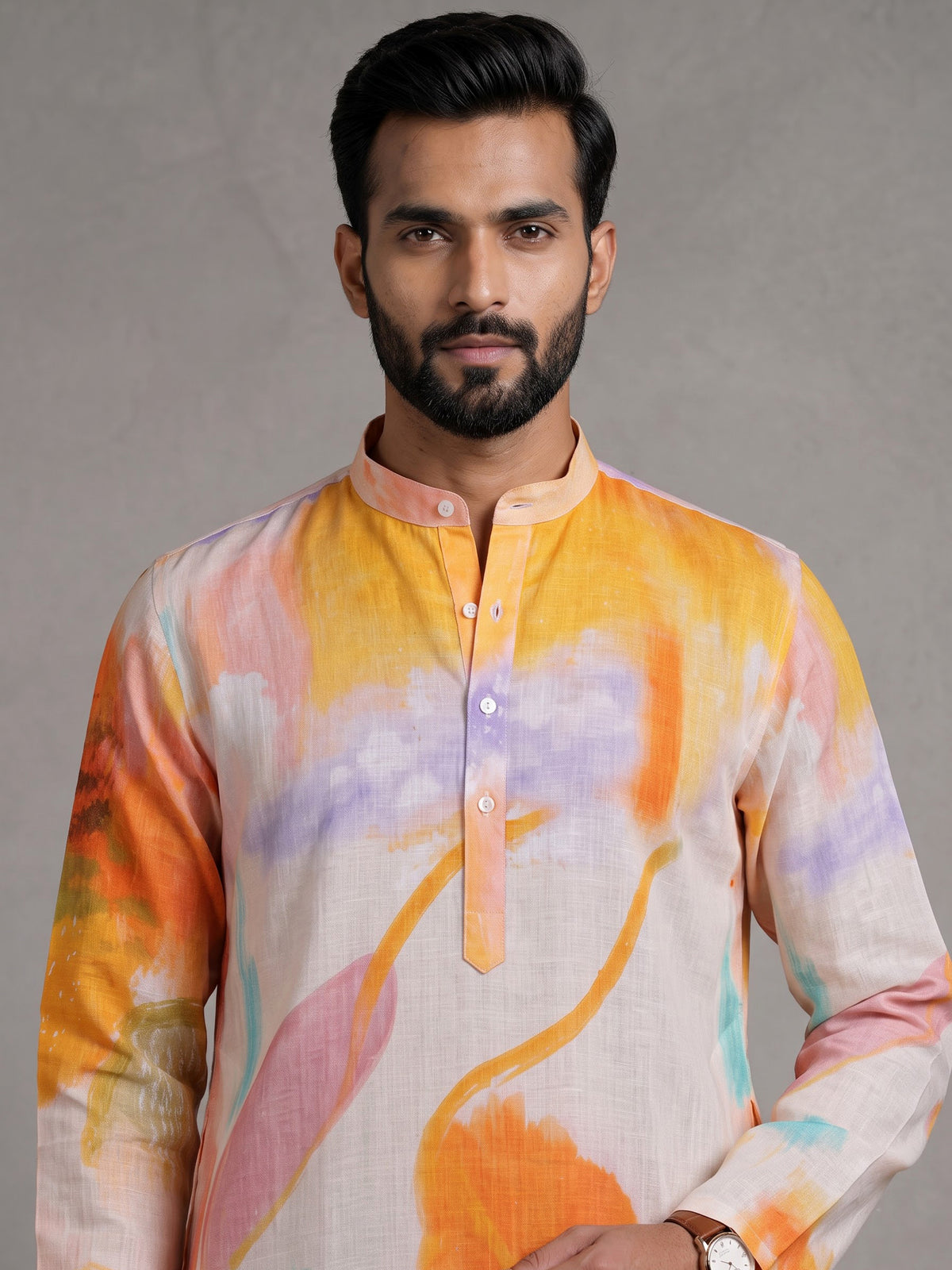 Orange abstract watercolor printed cotton linen kurta for mens
