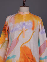 Orange abstract watercolor printed cotton linen kurta for mens