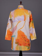 Orange abstract watercolor printed cotton linen kurta for mens