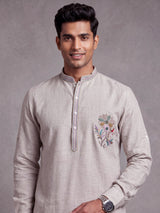 Grey thread sequins zardosi cotton linen kurta for mens
