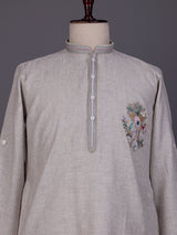 Grey thread sequins zardosi cotton linen kurta for mens