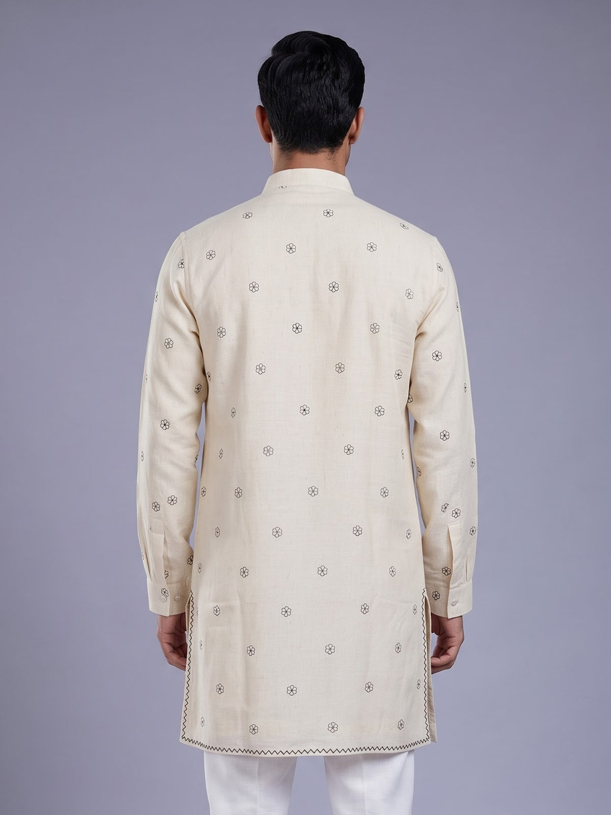 Cream black embroidered sequined cotton linen kurta for mens