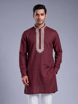 Maroon ivory thread embroidered cotton silk kurta for mens
