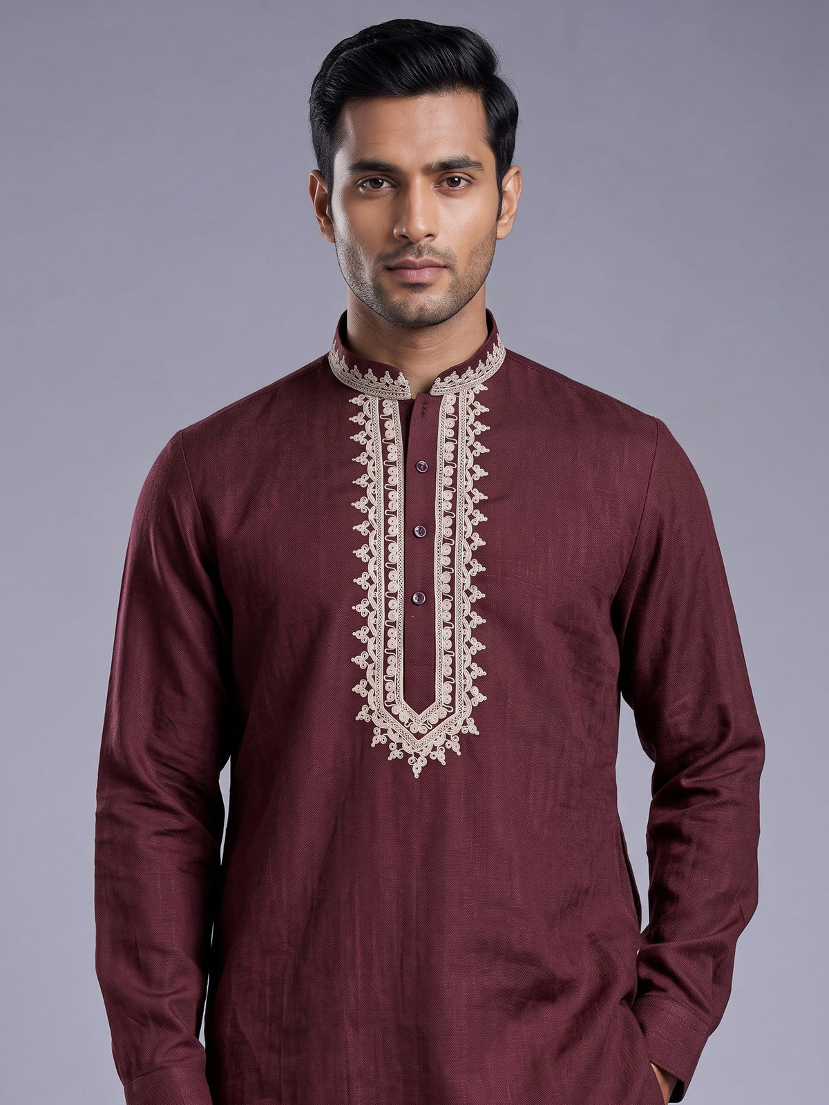 Maroon ivory thread embroidered cotton silk kurta for mens