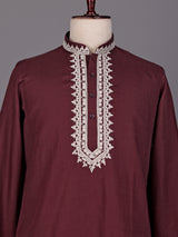 Maroon ivory thread embroidered cotton silk kurta for mens