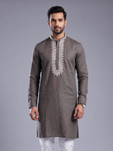 Grey ivory thread embroidered cotton silk kurta for mens