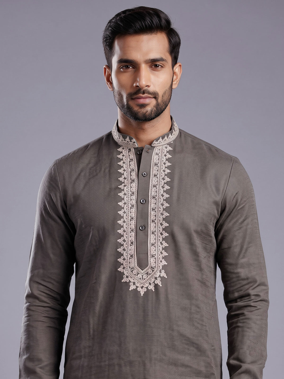 Grey ivory thread embroidered cotton silk kurta for mens