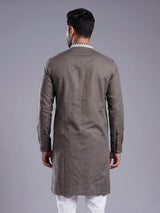 Grey ivory thread embroidered cotton silk kurta for mens