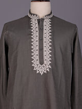 Grey ivory thread embroidered cotton silk kurta for mens