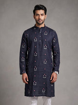 Navy floral embroidered cotton linen kurta with Chinese collar for mens
