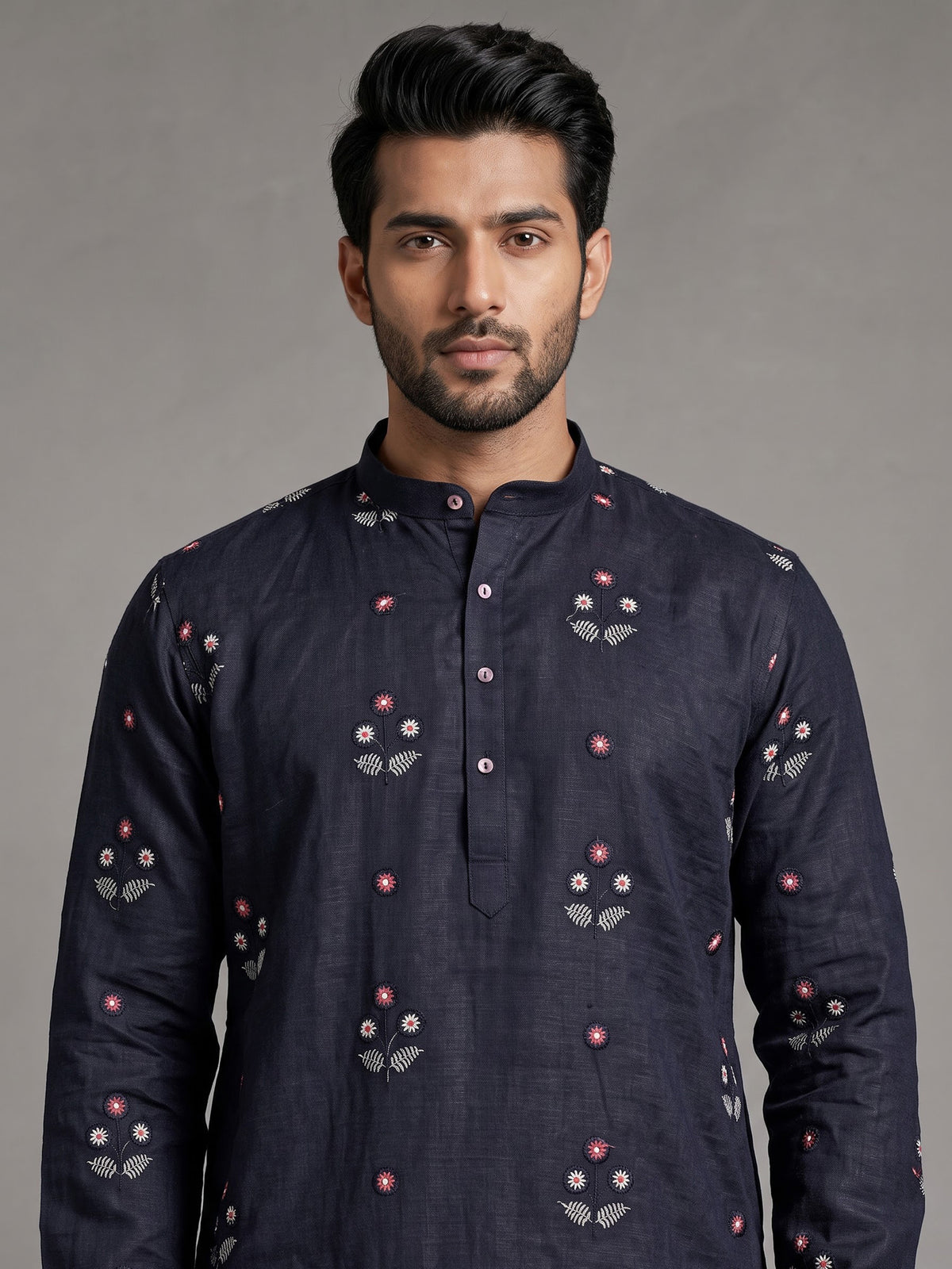 Navy floral embroidered cotton linen kurta with Chinese collar for mens