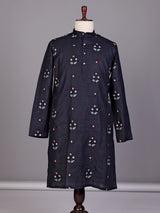 Navy floral embroidered cotton linen kurta with Chinese collar for mens