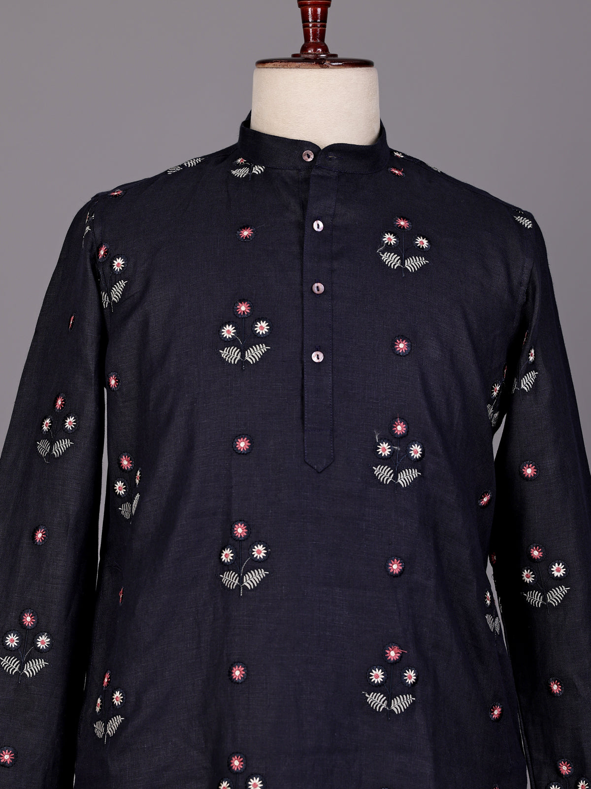 Navy floral embroidered cotton linen kurta with Chinese collar for mens