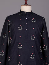 Navy floral embroidered cotton linen kurta with Chinese collar for mens
