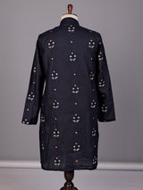 Navy floral embroidered cotton linen kurta with Chinese collar for mens