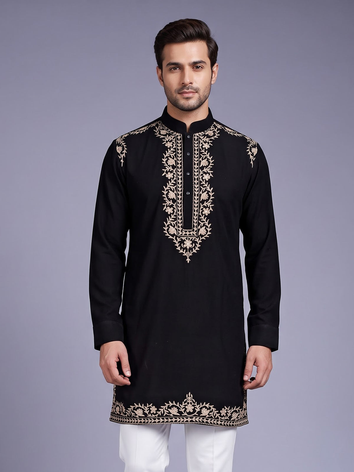 Black Kashmiri thread aabla embroidered cotton blend kurta for mens