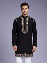 Black Kashmiri thread aabla embroidered cotton blend kurta for mens