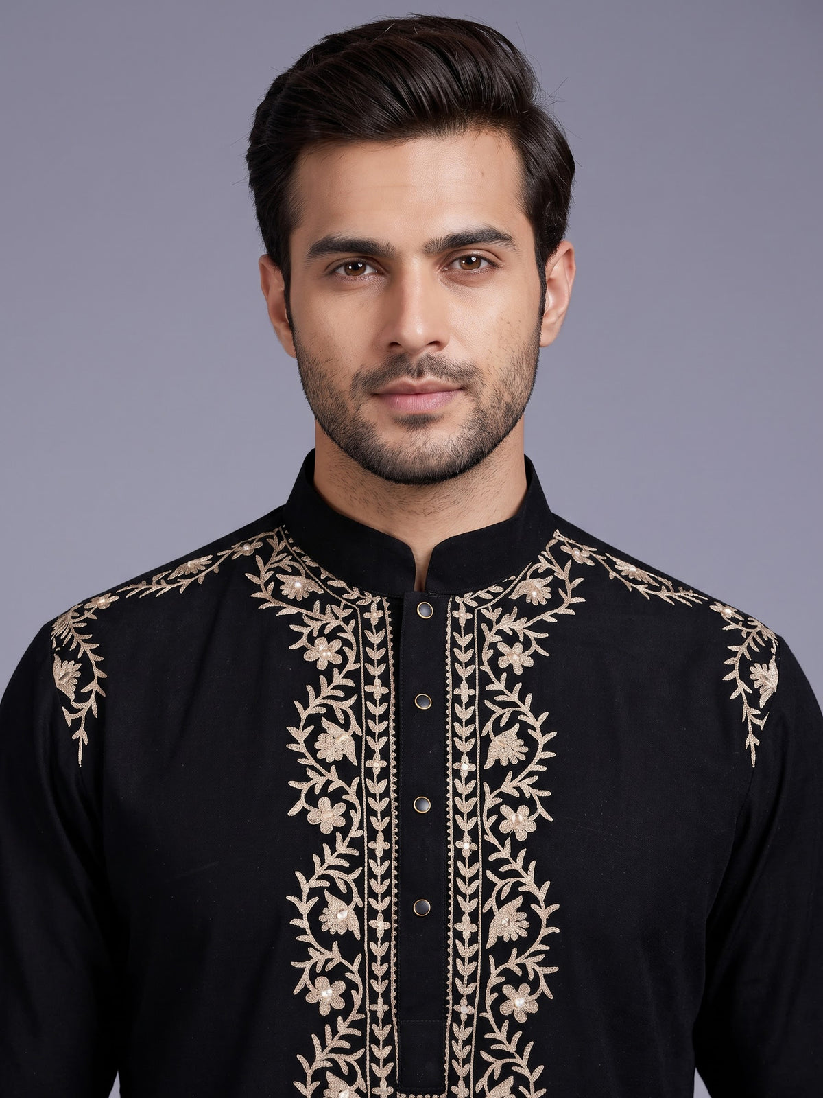 Black Kashmiri thread aabla embroidered cotton blend kurta for mens