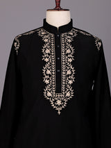 Black Kashmiri thread aabla embroidered cotton blend kurta for mens