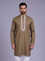 Dark khaki ivory thread embroidered cotton silk kurta for mens