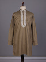 Dark khaki ivory thread embroidered cotton silk kurta for mens