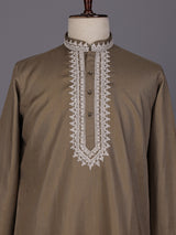 Dark khaki ivory thread embroidered cotton silk kurta for mens